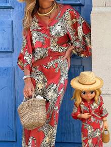 2pcs Women's Elegant Fashion Set, Including 1 Vintage Leopard Print Top And 1 Skirt, Casual Bohemian Style Outfit Spring - Red - View 3
