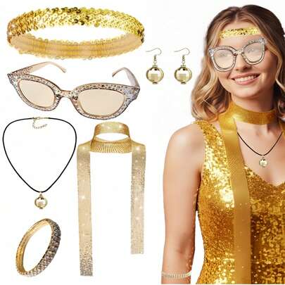7件套70年代迪斯科配饰套装 - 女士70年代复古装扮，包含亮片围巾、发带、手镯和耳环，完美适用于迪斯科主题派对、复活节、万圣节、狂欢节和各种主题活动 - 时尚的70年代派对服装配饰，斋月配饰