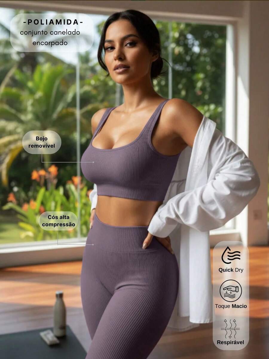 Fitness Set In Ribbed, Thick Polyamide - Top And Leggings - High Compression - Grey - View 1