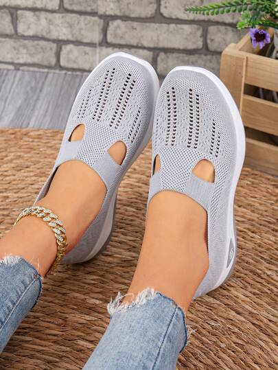 女士舒适网球鞋，灰色新款针织/双色鞋底休闲跑步鞋，不疲劳舒适休闲运动鞋