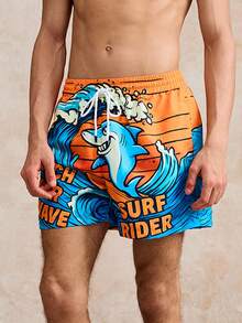 男士冲浪鲨鱼印花沙滩度假泳裤，夏季休闲沙滩短裤，夏威夷风情 - 彩色 - 查看 3
