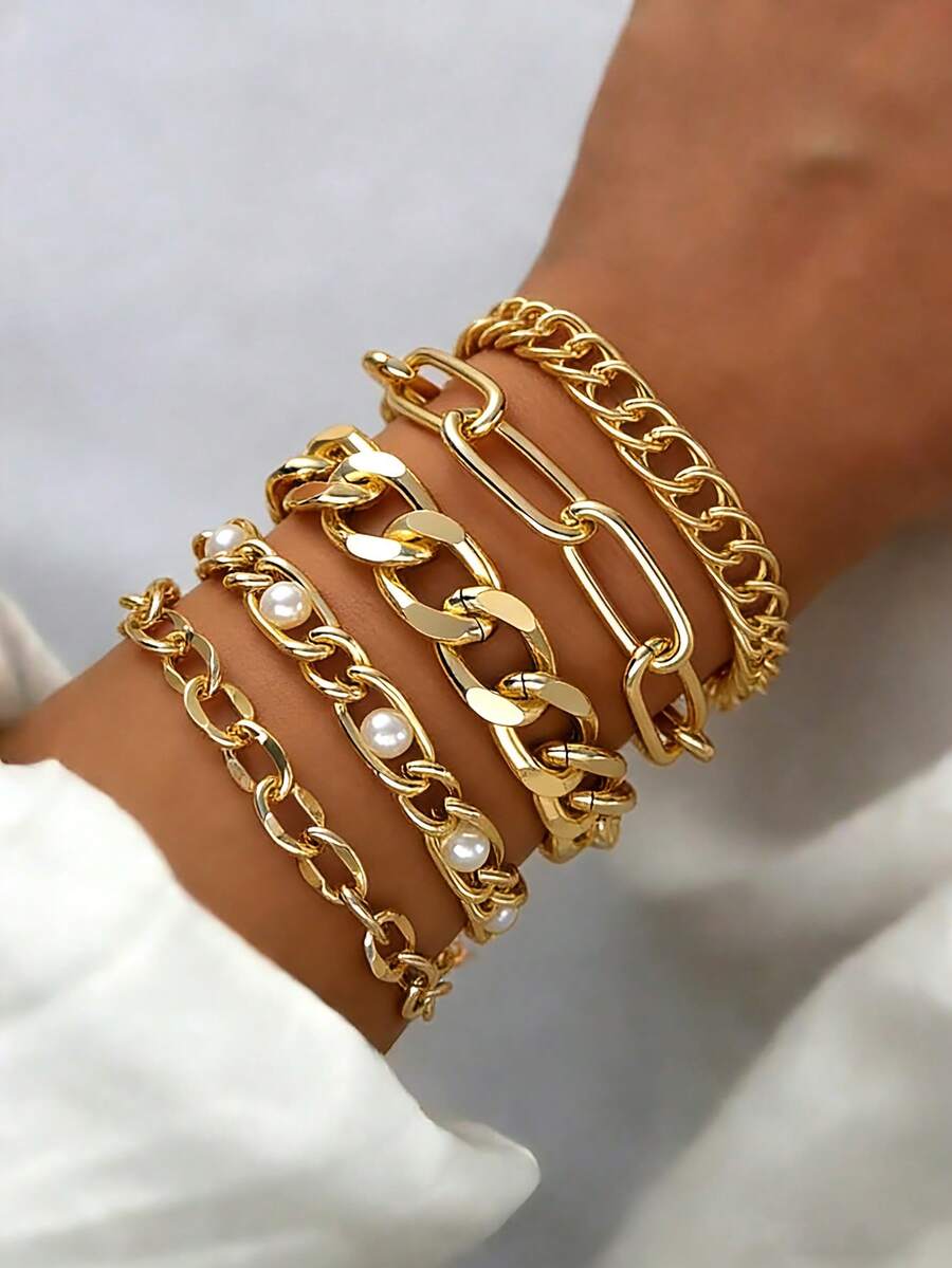 5Pcs Simple Punk Chunky Chain Bracelet Set Metal Link Chain Combo, Ensemble With Rope, Snake, And Twisted Designs Multi Layered Bracelet Women's Holiday Dating Gift Daily Matching - Gold 4 - View 1