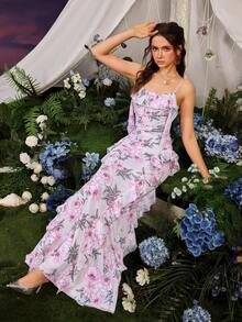 Faeriesty Elegant Spaghetti Strap Dress With Peony Print And Mermaid Skirt For Spring Weddings, Formal Galas, And Romantic Dinners. - Baby Pink - View 8