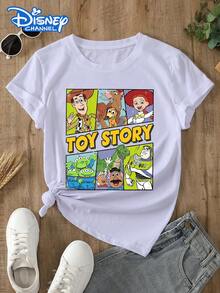 Disney Lady's T-Shirt, Featuring The Cartoon Pattern Of The Toy Story Letters. Spring/Summer Style Women's Round-Neck T-Shirt. The Fabric Is Soft, Comfortable And Breathable, Suitable For Daily Wear, Shopping, Traveling, Parties, And When At Home. It Is Also Suitable To Be Given As A Beautiful Gift. Every Lady Deserves To Own One. - 白色 - 查看 1