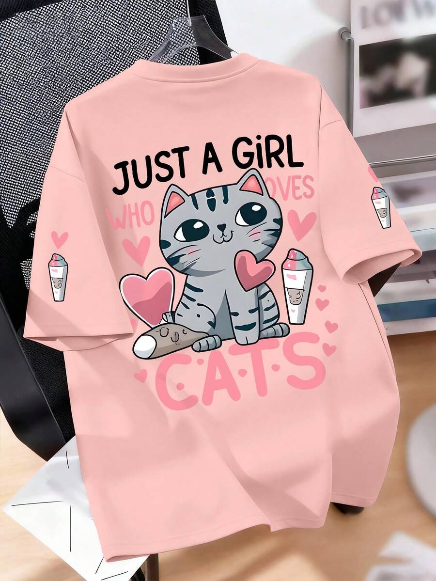 Kaos Lengan Pendek Leher Bulat Motif Kartun Kucing & Hati untuk Anak Perempuan, Atasan Kasual Lembut untuk Musim Panas - Berwarna merah muda - View 1