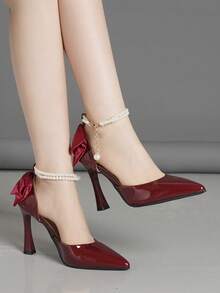 Spring New Fashion Bow Tie Black & Burgundy High Heel Pointed Toe Pumps, French Style Versatile Party & Wedding Shoes For Women - Burgundy - View 2