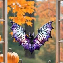 1pc Purple Bat Hanging Decor, Colorful Aesthetic Window Ornament, Light Catching Decorative Hanging Accent, Gothic Fantasy Home Decoration, Bat Shaped Symmetrical Wing Design With Stained Style Pattern And Bold Color Contrast, Eye Catching Visual Decor Creating Artistic And Spooky Yet Playful Atmosphere, Decorative Window Wall Door Hanging For Bedroom Living Room Dorm Apartment Spring Home Decor Halloween Party Seasonal Interior Decoration - Purple Bat - View 3