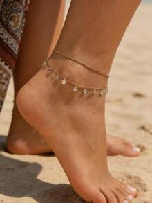 1件优雅波西米亚风锆石吊坠双金链脚链，女士沙滩假日派对礼物 - 金色 - 查看 6