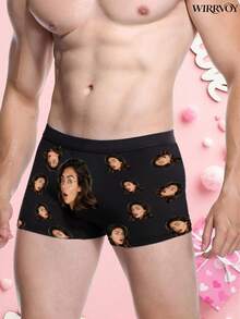 1pc Customized Men's Boxer Briefs, Heart Face & Finger Heart Print Personalized Photo Men's Underwear, Gift For Him, Moisture Wicking - Black - View 3