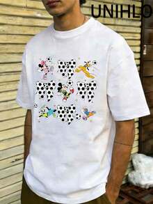Disney UNIHLO  Street Life Men's Casual Loose   Mickey Plays Football   Cartoon  Print Short Sleeve T-ShirtSummer - 白色 - 查看 2