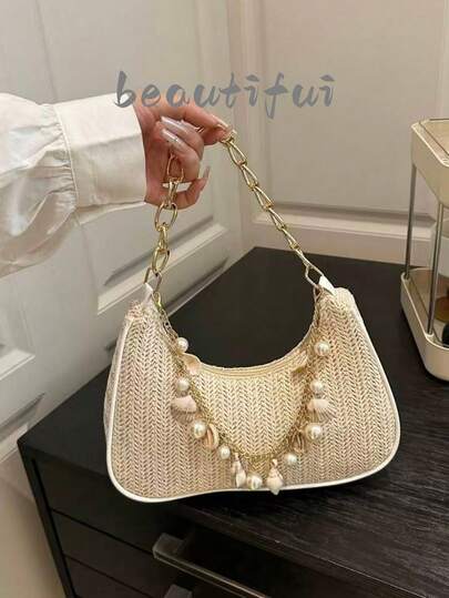 Fashionable Solid Color Metal Chain Straw Crescent-Shaped Multifunctional Handbag, Tote Bag, Beach Bag, Casual Straw Bag, Phone Pouch For Summer