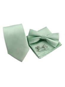 ZONFAZ 4pcs Men's Business Minimalist Solid Ribbed 8cm Necktie, Bow Tie, Pocket Square & Cufflinks Combo Set, Suitable For Weddings, Parties And Daily Commute - Mint Green - View 2