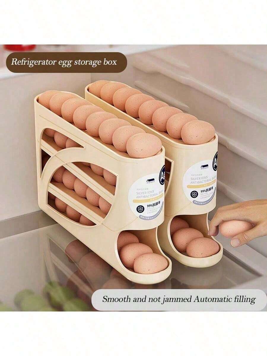 1 pieza Dispensador automático de huevos con rodamiento, caja de almacenamiento, estante de huevos de 4 niveles que ahorra espacio, capacidad para 28 huevos, estante de almacenamiento de huevos de plástico adecuado para refrigerador, encimera, gabinete de cocina - Multicolor - Ver 1
