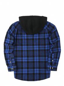 1pc Men's Plaid Button-Up Hooded Long Sleeve Shirt, Regular Fit, Dual Chest Pockets, Casual Outdoor Shacket - Blue - View 6