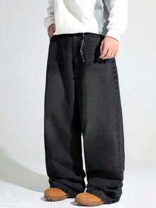 1pc Casual Loose Fit Straight Leg Jeans, Unisex Couple Style - Đen 2 - Xem 3