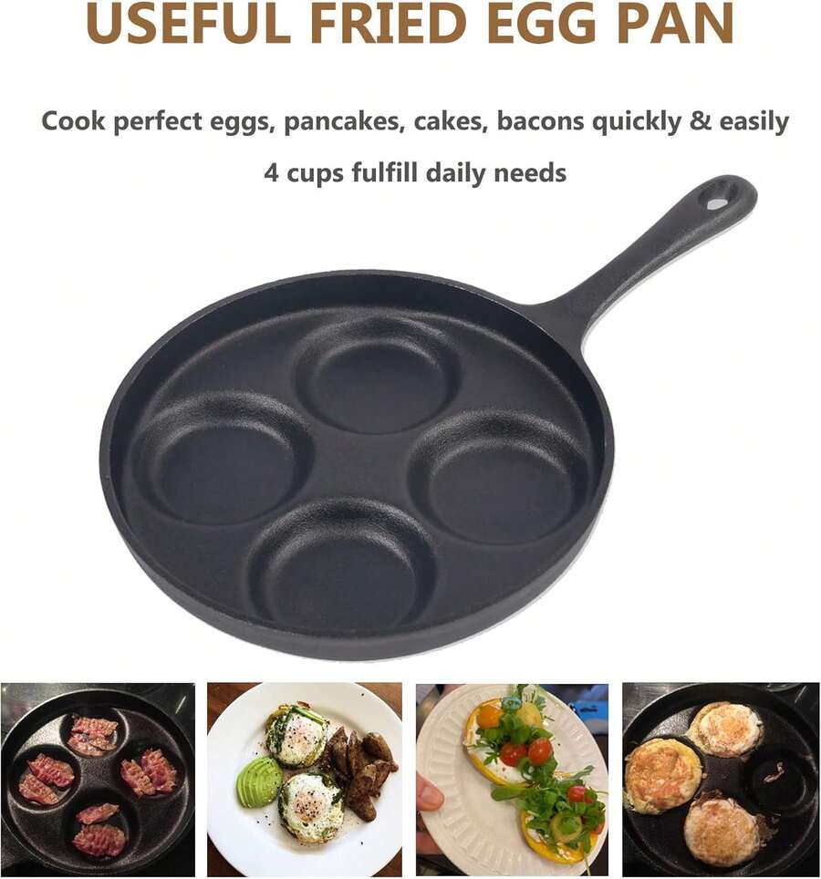 Master Breakfast With This 9.5-Inch 4-Cup Cast Iron Fried Egg Pan. This Versatile Skillet Doubles As A Pancake, Burger, And Omelet Cooker, Perfect For Use On Gas Stoves And Induction Cooktops. - Black - View 1