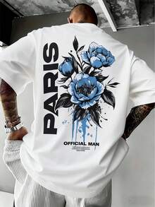 Orcacoatings Men's "Paris" Blue Peony Back Print White Tee, Loose Fit Crew Neck Casual T-Shirt With Vibrant Floral Graphic, Retro Vacation Top Perfect For Daily Wear, Travel & Summer Outings,Summer Tops,Puerto Rico Vacation Outfits - 白色 - 查看 2