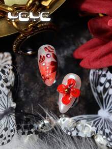 10pcs Fake Nails 3D Flower,Pink,Pearl White,Gradient Color,3d Three-Dimensional Decoration Element,Metallic Red,Flora,Spring Summer Style,Cottagecore Full Coverage Fake Almond Shape Press On Nails Sets,Nail Supplies Include 1 Mini Nail File And 1 Adhesive Sheet, Nail Art Suitable For Women And Girls,For Daily Use, Party, Weddings, Etc Handmade Press On Nails - Red and White - View 6