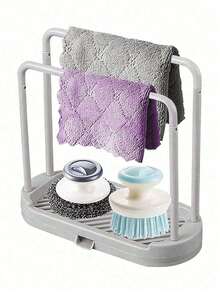 1pc Multi-Function Kitchen Towel Rack, No Drilling Required Drying Rack, Sink Side Kitchen Storage Organizer - Multicolor - View 8