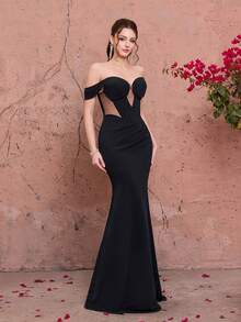 Mgiacy Luxury Elegant Black Off-Shoulder Corset High Slit Mermaid Maxi Dress For Women Summer Wedding, Dinner, Party, Holiday & Festival - Black - View 6