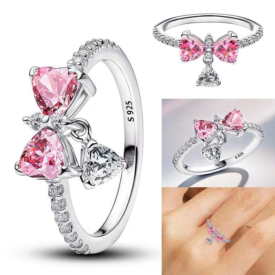 Ring Pink Bow Popular LOVE Wedding Ring Certified Women Engagement Jewelry Anniversary Valentine's Day Gifts Mother's Day Gift - White - View 1