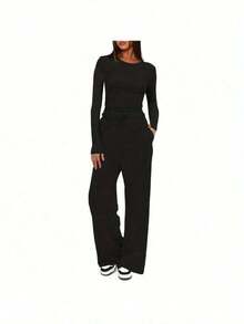 Women's Casual Clothing Solid Color Two-Piece Women's Casual Waist Pleated Long-Sleeved Top With Trousers Suit,Valentine's Day Appropriate Gifts - 黑色 - 查看 6