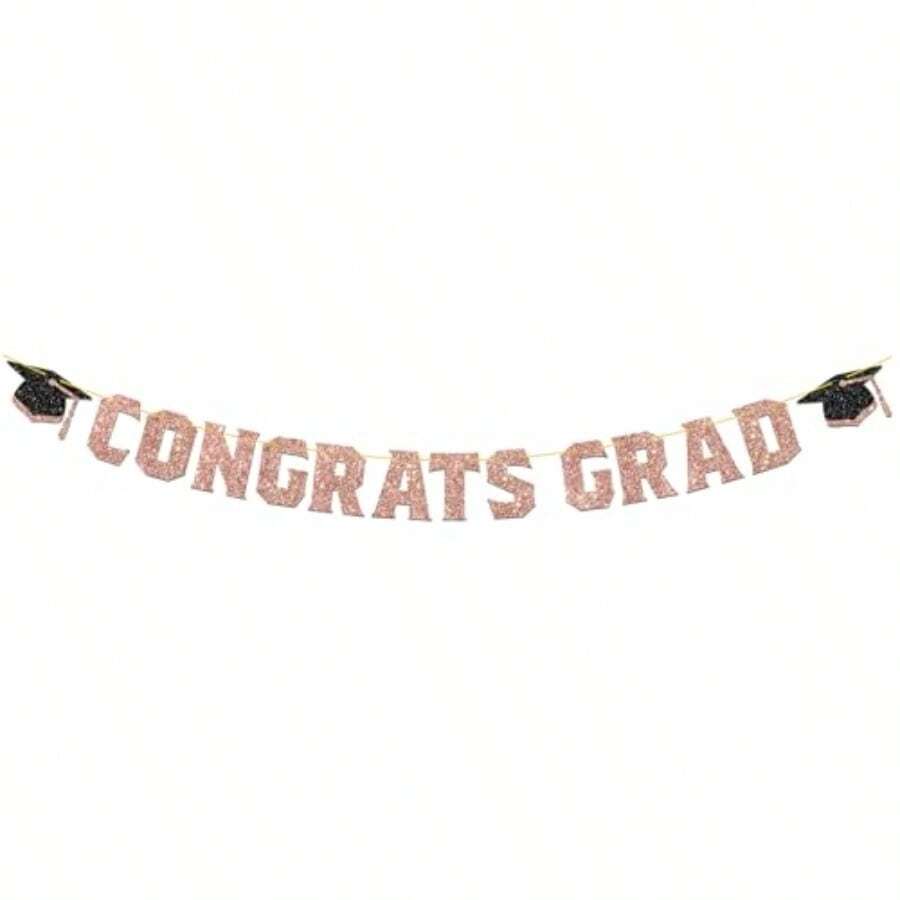Congrats Grad Banner Decorations - Hanging Glitter Graduation Banner With Cap Garland Sign Bunting For Class Of 2026 Photo Backdrop College High School Grad Party Supplies In Rose Gold - -rose Gold- - View 1