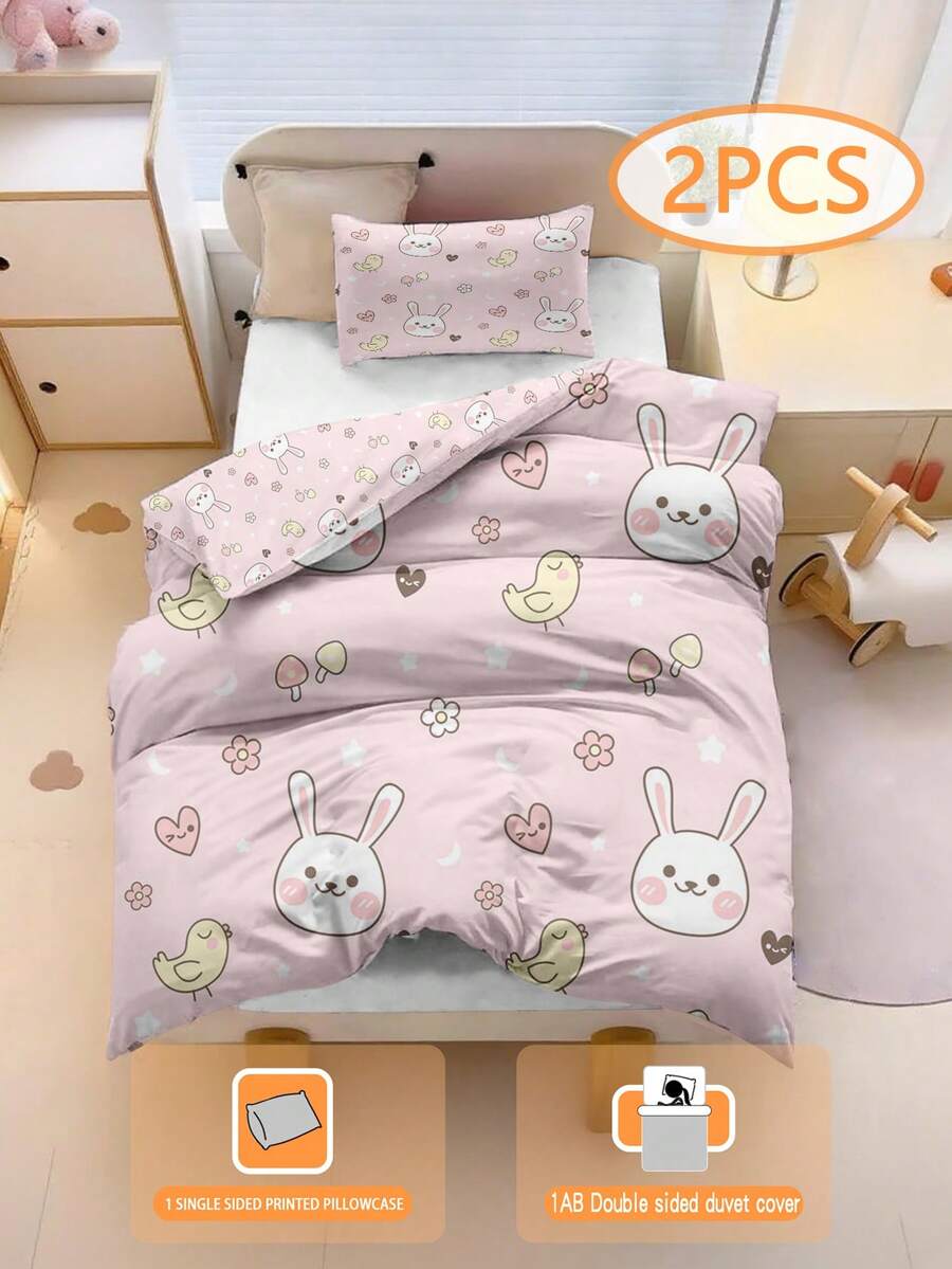 1/2pcs Pink Rabbit Pattern Kids Bedding Set, Including 1pc Single-Sided Printed Pillowcase (50x75cm) And 1pc Double-Sided Printed Quilt Cover (90x200cm/135x200cm), Made Of 100% Polyester Fabric, Suitable For Children And Teenagers, All Seasons, With Zipper And Fixing Clips, A Great Gift Choice - Multicolor - View 1