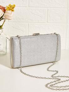 Diamond & Pearl V-Shaped Evening Clutch Box-Shaped Bag For Attending Balls & Parties, Luxury Women's Handbag, Socialite Hand Bag, Crossbody Chain Shoulder Bag, Fashionable & Versatile - Silver - View 4