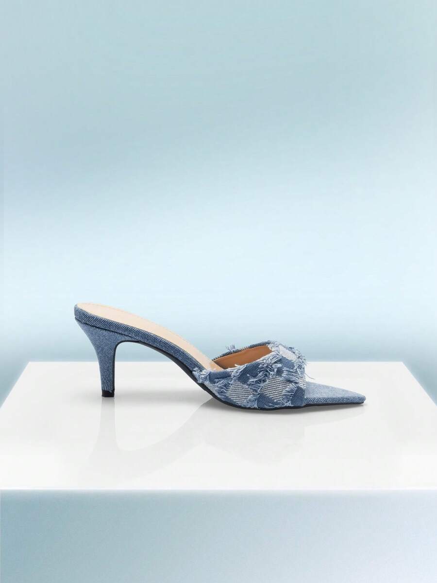 Rollcall 女式高跟尖頭豹紋皮面簍空拖鞋，夏日派對時尚鞋款 - 藍色 - 查看 1