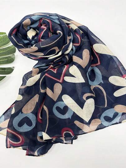 1条春夏新款渐变色韩版棉质长款心形图案头巾，涤纶材质，透气百搭，时尚百搭，女士围巾