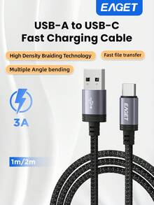 EAGET 3A 快速充电和数据同步 USB A 转 Type-C 数据线，加固尼龙编织，经久耐用，通用型，适用于大多数 Type-C 手机、平板电脑和配件 - 黑色 - 查看 2