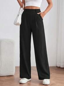 Women Casual Elastic High Waisted Wide Leg Ribbed Pants Work Business Fall Autumn Winter Lounge Palazzo Pants Trousers Dressy Outfits - 黑色 - 查看 4