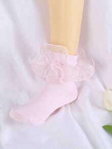 1 par de calcetines cortos de algodón para niños pequeños de todas las estaciones, unicolor con encaje y volantes, calcetines de baile, calcetines de princesa para bebé - Rosa - Ver 2