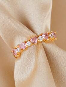 1枚优雅粉色立方氧化锆戒指，适合女性日常佩戴、订婚、婚礼、派对、宴会等场合，铜质首饰 - 金黃色 - 查看 4