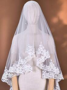 1 pieza Velo de novia con ribete de encaje, velo corto sin peine para cubrir el rostro, velo de boda - Multicolor - Ver 9