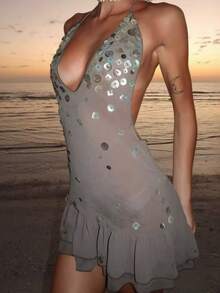Women's Shiny Bead Decor Halter Mini Dress Mesh Sheer Back Tie A-Line Ruffled Hem Beach Dresses Sleeveless Deep V Neck Backless Slim Mini Flowy Dress Summer  Streetwear For Going Out Casual Party Concert Wear - 灰色 - 查看 6