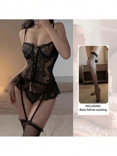 Women's Sexy Lingerie With Transparent Steel Support, Lace-Up G-String, Sheer Backless Panty, Black Fishnet Stockings Nightwear Set, Suitable For 40-60kg