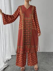 2pcs Women's Set, Orange Geometric Print V-Neck Flare Sleeve Long Pullover Top + Elastic Waist Wide Leg Pants, Elegant Ladies Suit, Luxury Color Block Outfit For Formal Occasions, Parties, Daily Wear - Orange - View 3