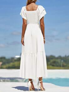 Women's Summer Casual Dresses Square Neck Ruffle Short Sleeve High Waist A-Line Wedding Dresses - trắng - Xem 2