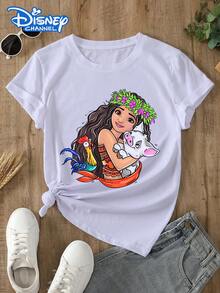 Disney Lady's T-Shirt, Featuring A Creative Cartoon Pattern Of Disney's Moana Princess. Spring/Summer Style Women's Round-Neck T-Shirt. The Fabric Is Soft, Comfortable And Breathable, Suitable For Daily Wear, Shopping, Traveling, Parties, And At Home. It Is Also Suitable As A Beautiful Gift. Every Lady Deserves To Own One. - White - View 1