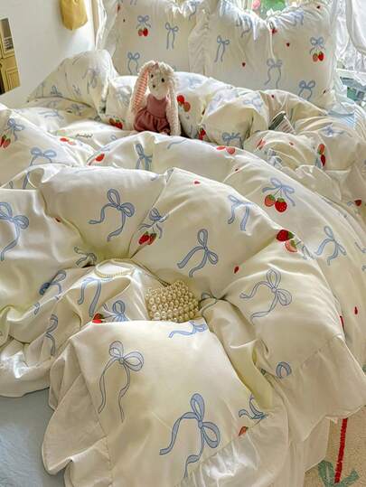 3pcs Korean Style Bedding Set Queen Comforter Cover Set Blue Bow Bed Set,Cute Strawberry Duvet Cover, 1 Soft Ruffles Comforter Cover And 2 Pillow Shams(Without Any Filling)