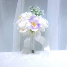 Fake Bridal Bouquet Artificial Flower With Ribbon Bow For Bridesmaid Ceremony Wedding Party Home Table Decoration - Purple - View 1