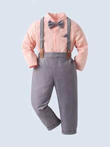 BOARNSEORL 2 pièces Tenue de gentleman pour bébé garçon, chemise à manches longues avec nœud papillon et salopette, mode et convient pour l'anniversaire, l'événement, l'extérieur, le mariage - Rose bonbon - Voir 3