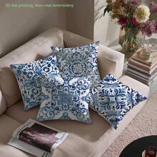4pcs Watercolor Blue And White Porcelain Tile Art Print Cushion Cover (No Pillow Insert), Made Of Polyester Fabric, Single-Sided Printing, 17.7*17.7in(45*45cm)/19.69*19.69in(50*50cm)/15.75*15.75in(40*40cm), Baroque Style Decorative Pillow Case For Sofa, Bed, Bedroom, Office, Hotel, All Season, Gift - Multicolor - View 8