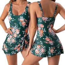 ¡RecomendadoTraje De Baño Mujer Natacion De Una Pieza,Trajes De Baño con Control De Abdomen,Falda Bañador,Adecuado para Playa,Surf,Natación,Verano¡Top de Temporada - Verde Floral - Ver 11