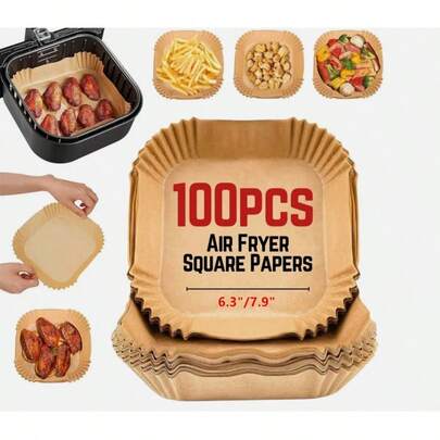 100Pcs Square Disposable Air Fryer Liners, Non-Stick Oil-Proof Baking Paper Pads, Heat Resistant Waterproof  Liners, Multi-Use For Air Fryer Oven Microwave Baking Roasting Steaming, Kitchen Cooking Accessories