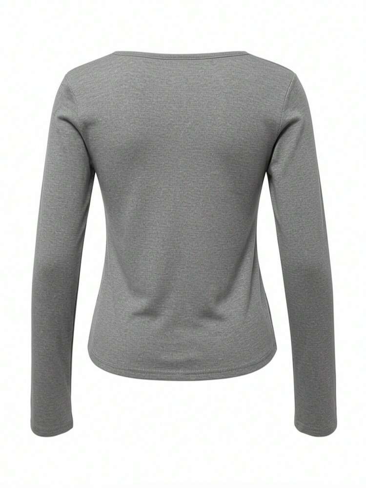 女士圆领撞色扭结下摆长袖修身衬衫，春夏款 - 淺灰色 - 查看 6