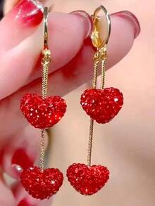 rundraw 2 件奢华金属镶嵌心形吊坠耳环，适合女士，优雅派对和节日礼物，情人节、妈妈、母亲、母亲节、礼物 - 紅色 - 查看 2