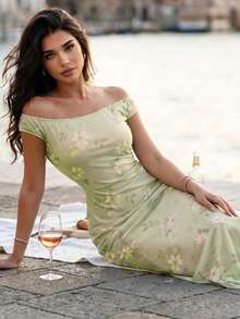 女士优雅浅绿色碎花露肩荷叶边修身连衣裙，时尚无袖夏季连衣裙，浪漫河畔野餐装扮 - 橄欖綠 - 查看 8